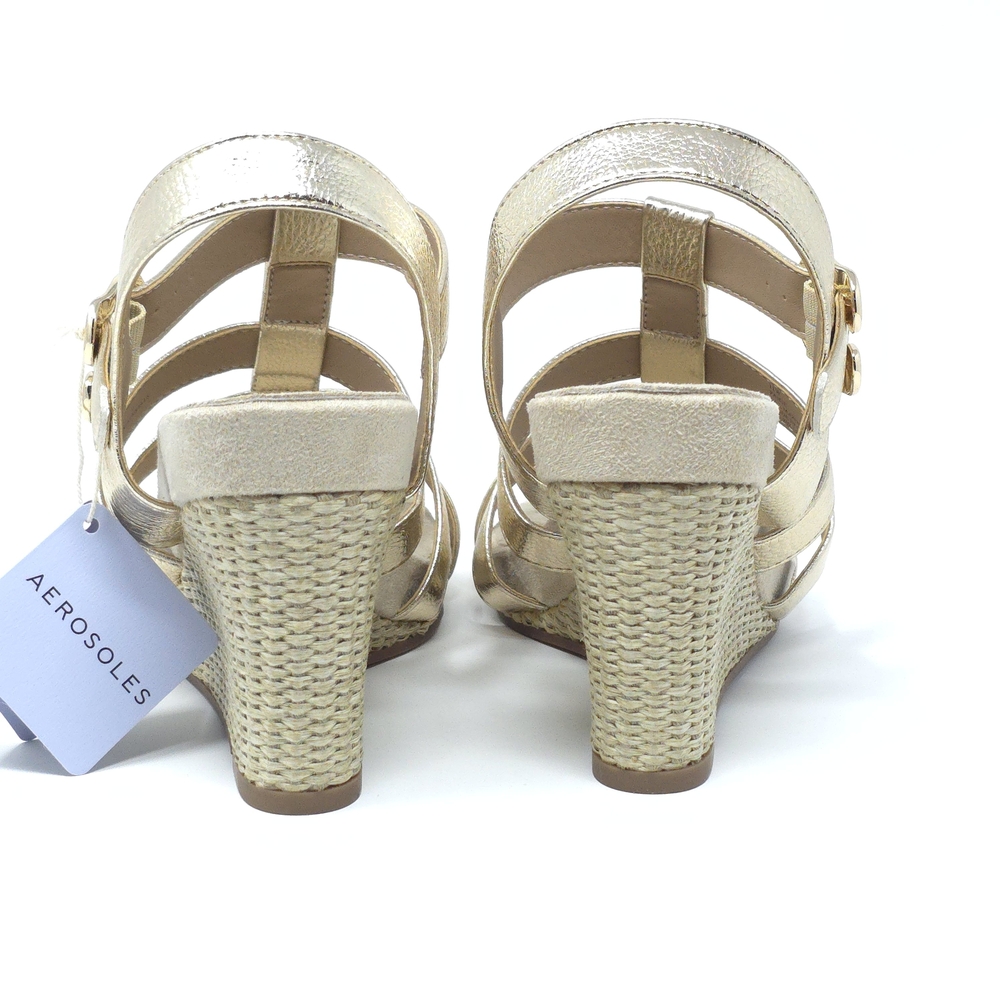 New Aerosoles Paige Gold Leather Caged Wedge Sandals Women’s - Picture 15 of 16